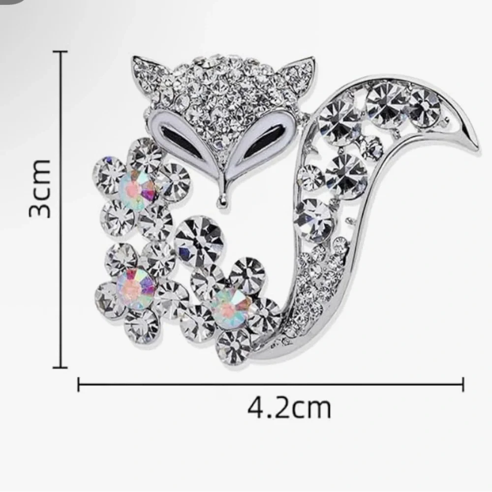 Silver Crystal Fox Brooch with Iridescent Floral Accents